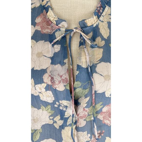 MNG Mango Floral Tie Long Sleeve Blouse Womens Size 10 Blue New Sheer - Picture 6 of 15